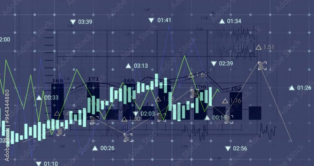 Poster animation of financial data processing and statistics over dark background