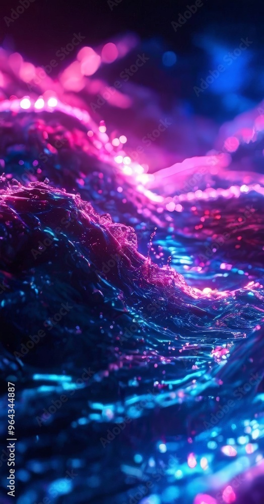 Poster close-up view of a wave-like pattern with a mix of blue, purple, and pink hues, creating a visually 
