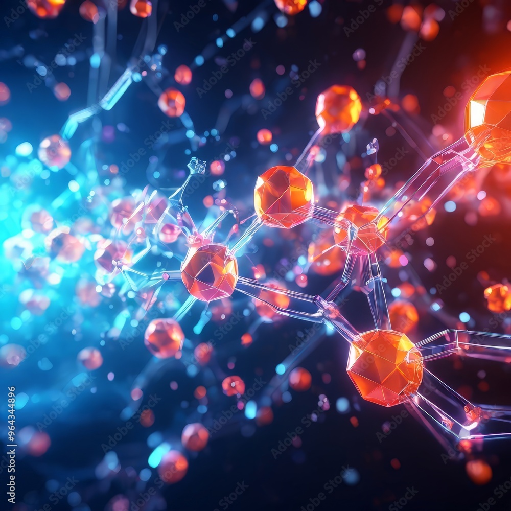 Poster a complex network of interconnected molecular structures, with a blend of red, blue, and orange hues