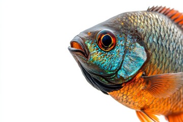 Fototapeta premium Mystic portrait of Giant Gourami fish in studio, copy space on right side, Anger, Menacing, Headshot, Close-up View, isolated on white background