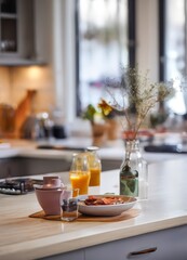 Fototapeta premium A cozy kitchen scene featuring a wooden table with a plate of food, a teapot, a glass of orange juice, and a vase of flowers, with a window and kitchen appliances in the background.