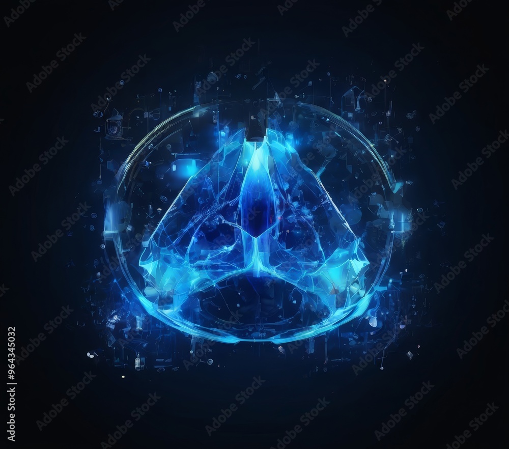 Poster digital illustration of a blue, triangular-shaped object surrounded by a glowing, abstract pattern o