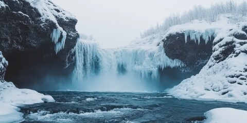 A serene winter landscape featuring a majestic waterfall surrounded by ice and snow, creating a tranquil and breathtaking scene.