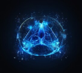 Naklejka premium digital illustration of a blue, triangular-shaped object surrounded by a glowing, abstract pattern of blue and white lights against a dark background.