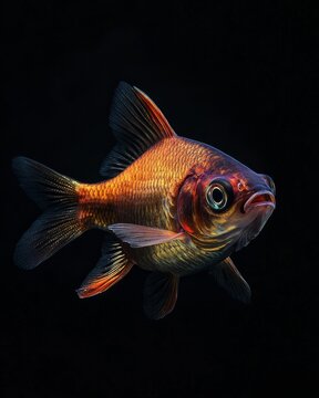 the Hampala Barb fish, portrait view, white copy space on right, Isolated on black Background
