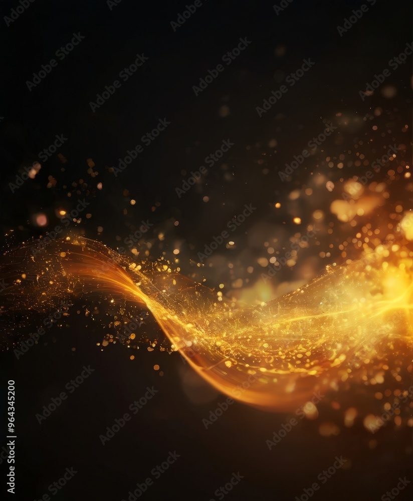 Poster dynamic, abstract composition of golden particles or specks against a dark background. the particles
