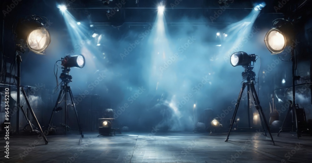Poster a dimly lit stage with two large spotlights on either side of a tripod, surrounded by fog and smoke,