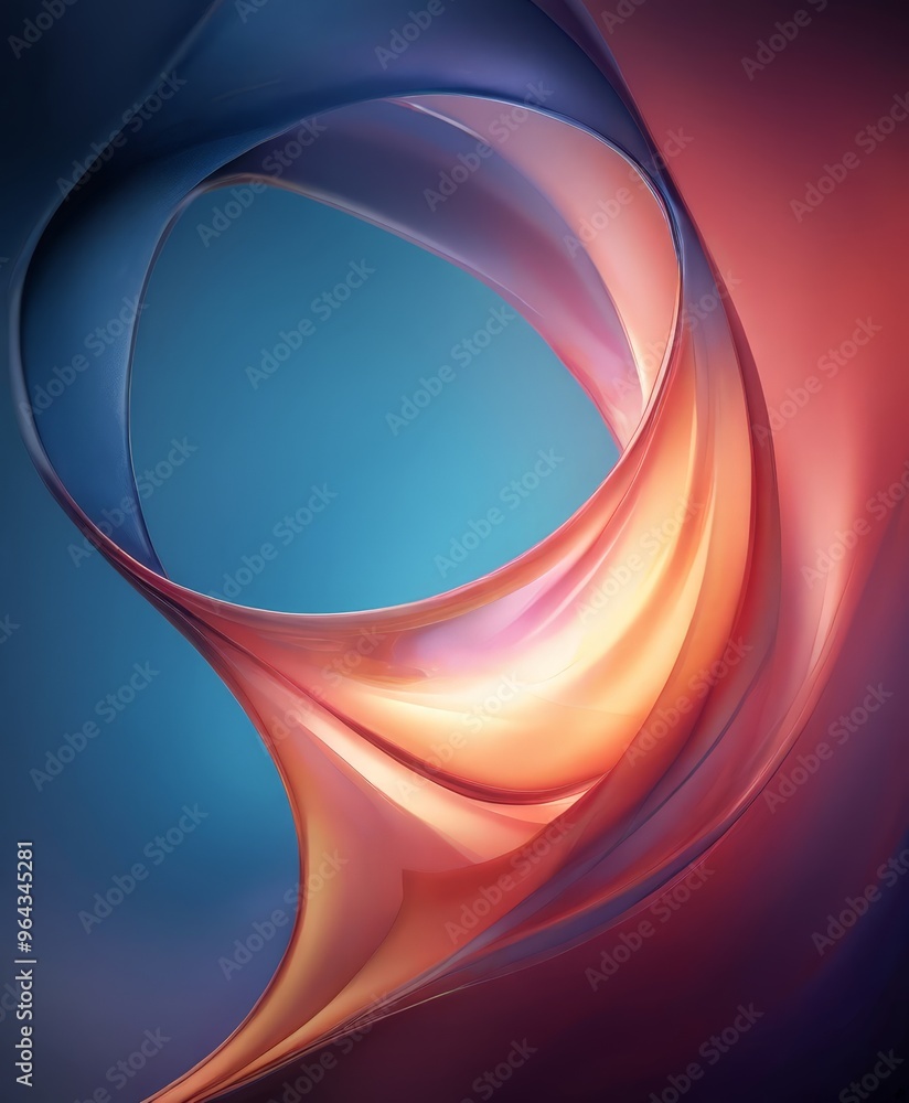 Poster vibrant abstract composition of overlapping curved lines in shades of blue, pink, and orange, creati