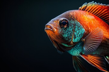 Fototapeta premium Mystic portrait of Siamese Gourami fish in studio, copy space on right side, Anger, Menacing, Headshot, Close-up View, isolated on black background