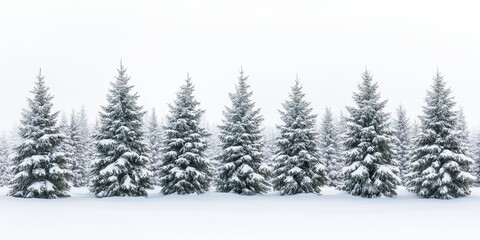 Obraz premium A serene winter landscape showcasing tall evergreen trees blanketed in snow, creating a peaceful and picturesque scene.