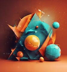 a a geometric sculpture composed of various shapes and colors, including triangles, spheres, and cubes, set against a dark orange background with scattered light.