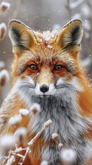 Fototapeta premium A fox is standing in the snow with its head up and looking at the camera