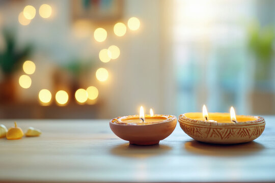 table decorated with diyas and lights