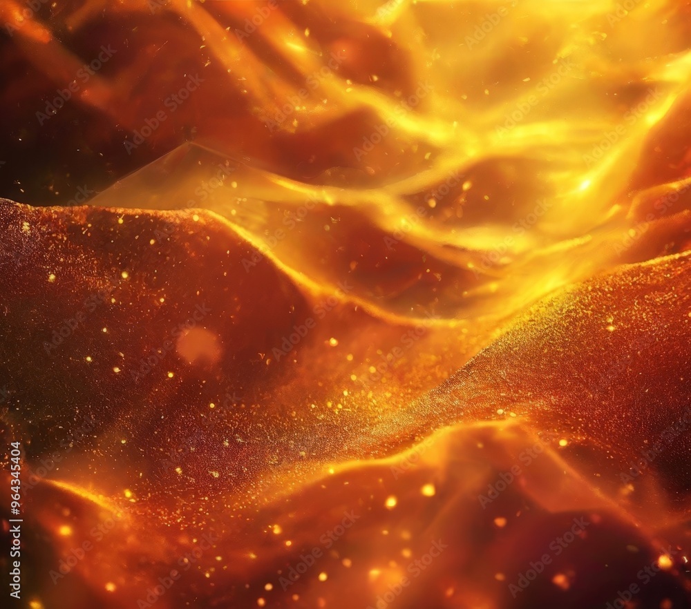 Poster a fiery, abstract composition with swirling patterns of orange and yellow hues, creating a sense of 