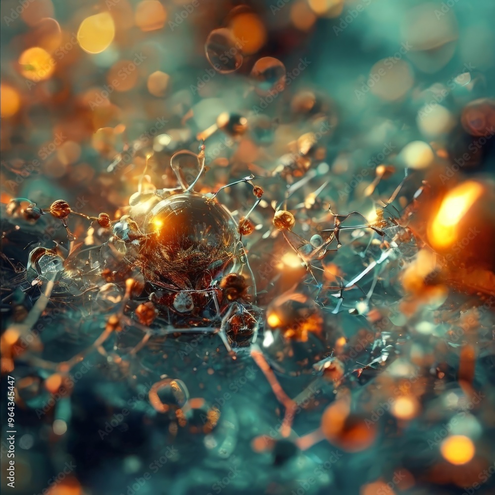 Poster a close-up view of a complex, intricate molecular structure, with a variety of orange, yellow, and b