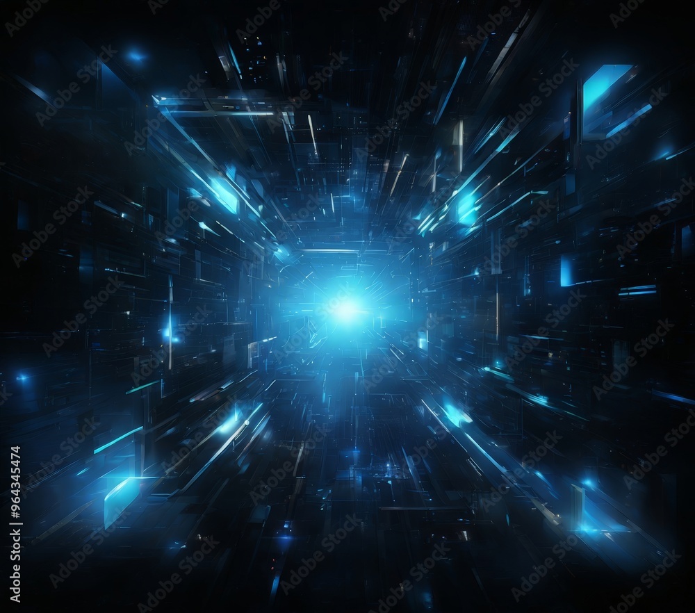 Poster futuristic, sci-fi-inspired scene with a glowing blue light at the center, surrounded by a network o
