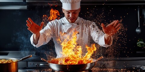 A skilled chef expertly cooks with flames and passion in a modern kitchen, showcasing culinary creativity and excitement.
