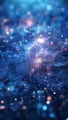 a digital art piece featuring a complex, abstract cityscape with a blend of blue, purple, and orange hues, creating a sense of depth and movement.