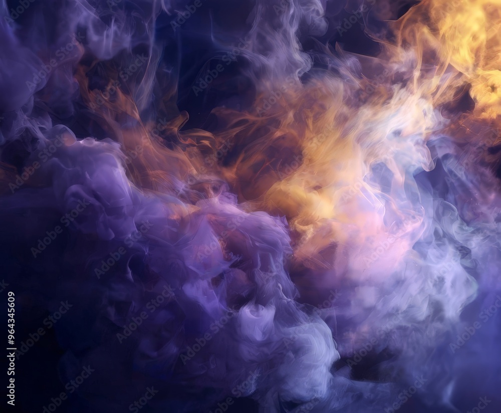 Poster a swirling, ethereal smoke pattern with a gradient of colors, transitioning from deep purple to warm