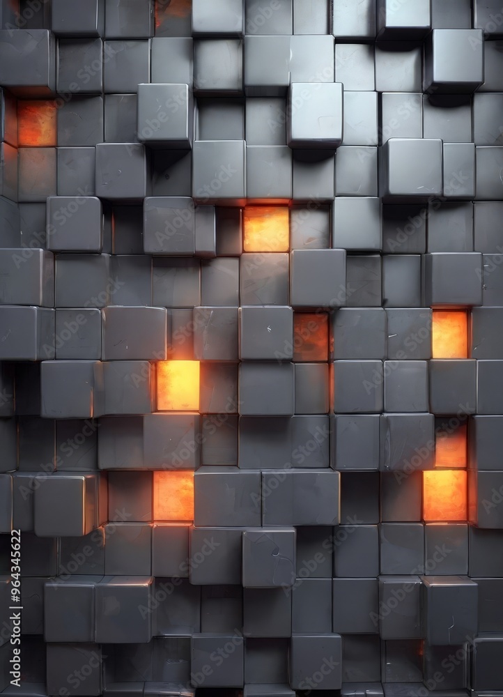 Poster wall composed of numerous gray cubes, each illuminated by a warm orange light. the cubes are arrange