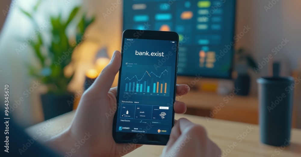 Poster close-up of hands using a smartphone app for financial tracking and analysis in a cozy home environm