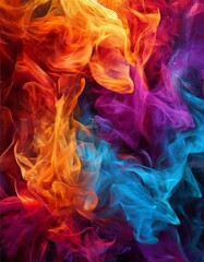 Fototapeta premium vibrant abstract composition of swirling, multicolored smoke or vapor, with hues of orange, red, blue, and purple creating a dynamic and visually striking effect.