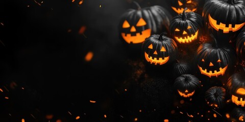 A spooky scene featuring glowing jack-o'-lanterns against a dark background, perfect for Halloween-themed designs and decorations.