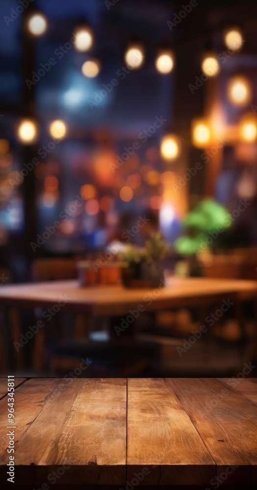 Poster a wooden table in the foreground with a blurred background of a restaurant or bar setting, featuring