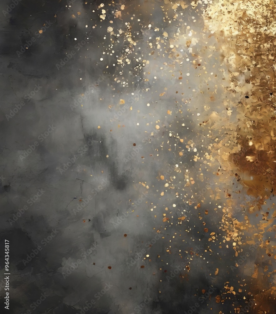 Poster dark, moody background with a scattering of gold glitter particles, creating a sense of depth and te