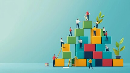 Business Team building  goals  activities Creative teamwork, building blocks collaboration, flat design illustration