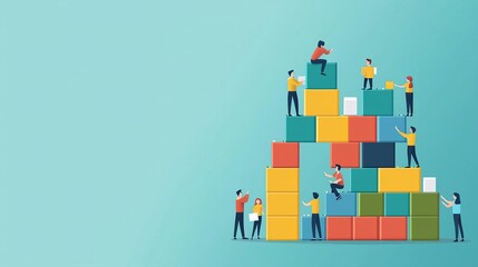 Business Team building  goals  activities Creative teamwork, building blocks collaboration, flat design illustration