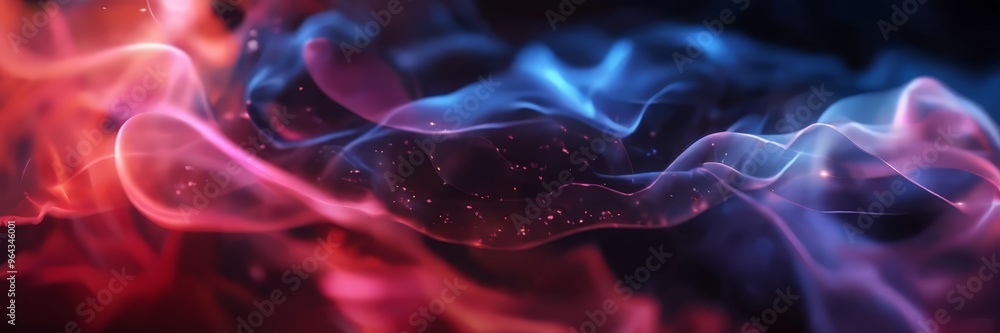 Poster abstract, swirling patterns of red and blue hues, with small white specks scattered throughout, crea