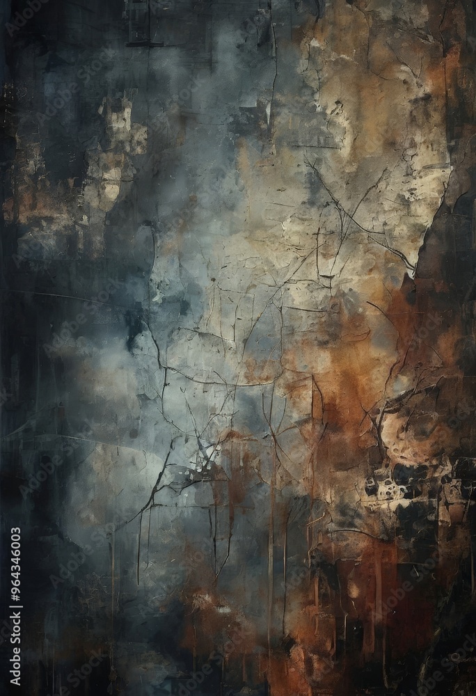 Poster an abstract painting featuring a dark, moody color palette with a mix of blue, gray, orange, and bro