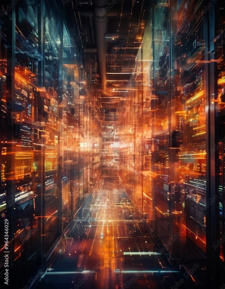 Poster a futuristic, high-tech data center with a long corridor filled with rows of computer servers and gl