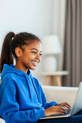 Happy African girl in blue hoodie comfortably sitting on a couch, typing on her laptop while studying from home. Remote work, online education, freelance concept.