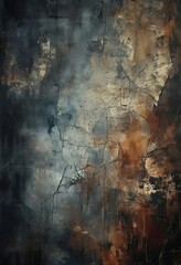 an abstract painting featuring a dark, moody color palette with a mix of blue, gray, orange, and brown tones. The artwork is textured and layered, creating a sense of depth and complexity.