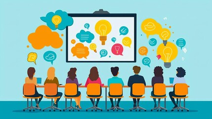Fototapeta premium Business Team building goals activities Group brainstorming session, colorful idea clouds, flat design illustration