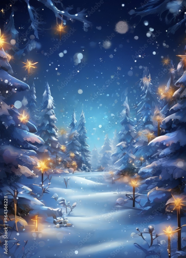 Poster a snowy forest scene with twinkling lights and falling snowflakes, creating a magical and enchanting