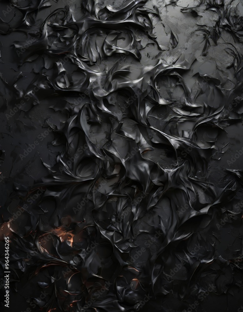 Poster a close-up view of a textured surface with a dark, glossy, and shiny appearance. the surface appears