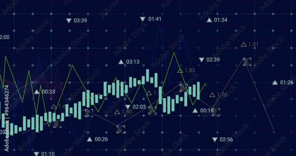 Poster animation of financial data processing and statistics over dark background