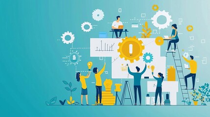 Business Team building  goals  activities Office team building, working on creative project, flat design illustration