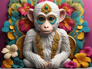 Obraz premium A cute 3D render of a happy Monkey face surrounded by colorful yarn balls and flower,a skull monkey by flowers,A monkey face is drawn , with a flowery design surrounding it
