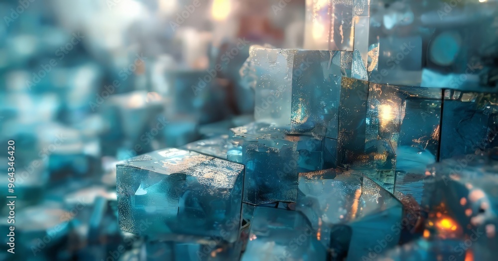 Aufkleber a close-up view of a collection of blue and green cubes, with some cubes reflecting light and others