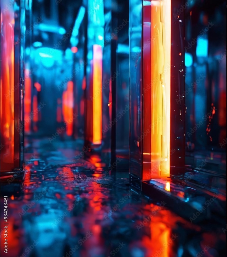Poster a vibrant, abstract scene of neon lights reflecting on a wet, reflective surface, creating a dynamic