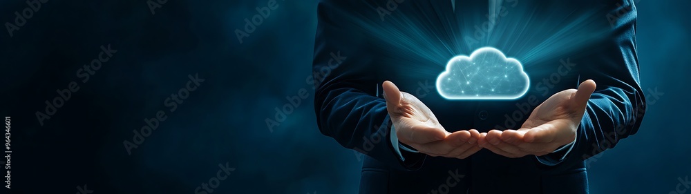 Poster tech industry businessman presenting cloud computing services in high-quality image with copy space