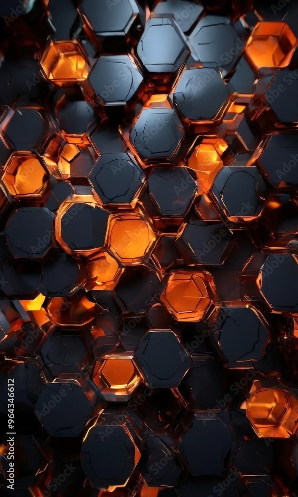 Poster pattern of hexagonal shapes in shades of black and orange, arranged in a seemingly random yet harmonious manner. The arrangement of the shapes creates a sense of depth and