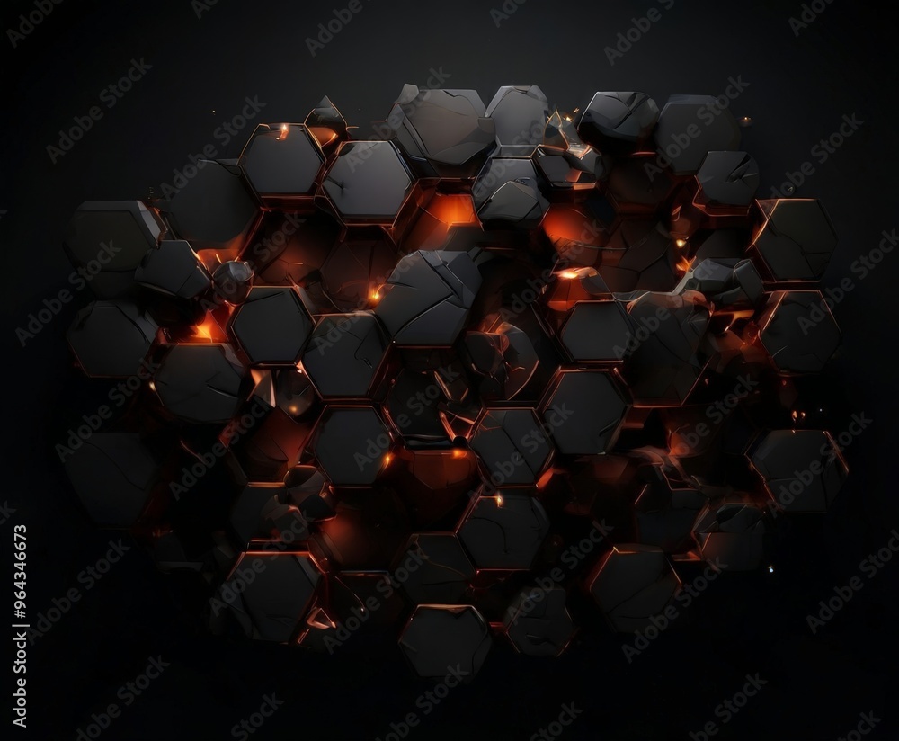 Poster dark, abstract composition of numerous hexagonal shapes, with some of the shapes appearing to be cra