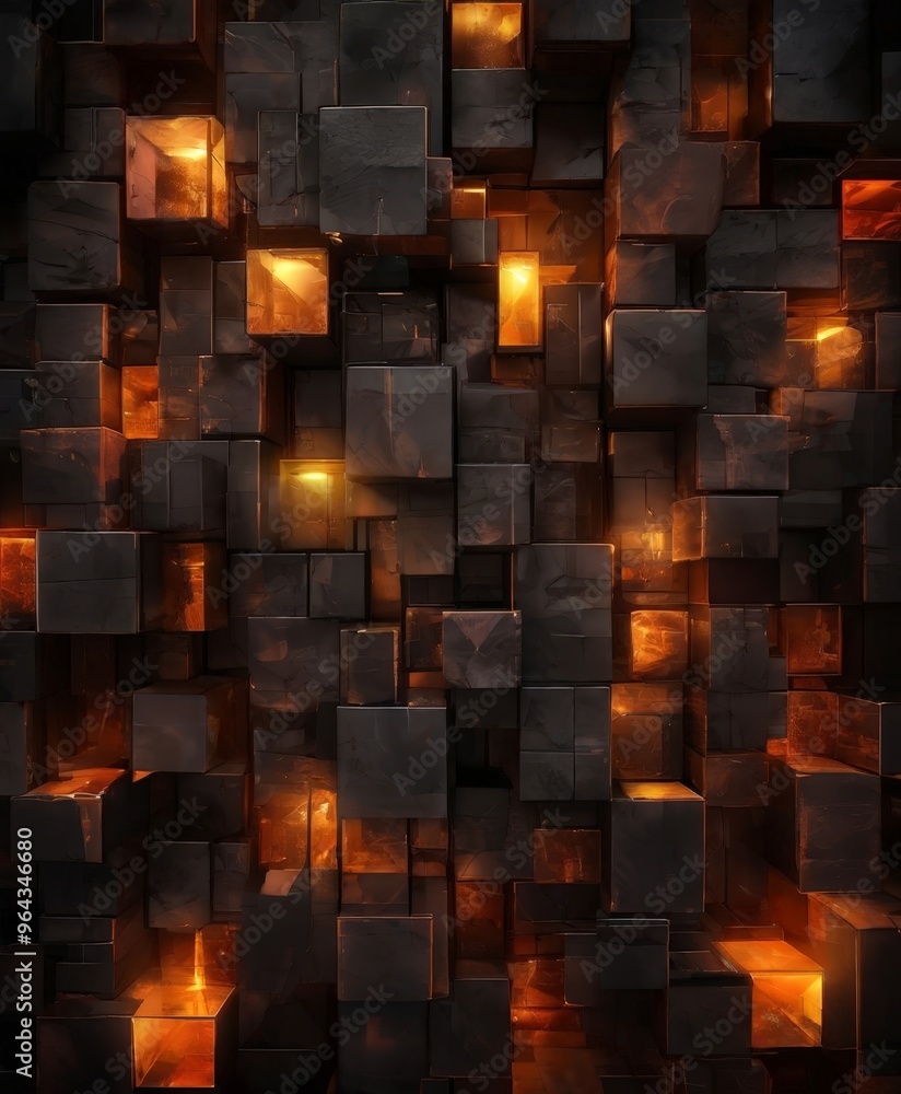 Poster a digital illustration featuring a complex arrangement of dark, square cubes with glowing orange lig
