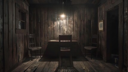 Rustic wooden interior, likely a cabin or a room in a log house, characterized by its wooden walls, floor, and furniture