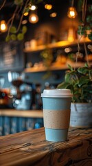 A coffee cup with a brown sleeve sits on a wooden counter in a cafe